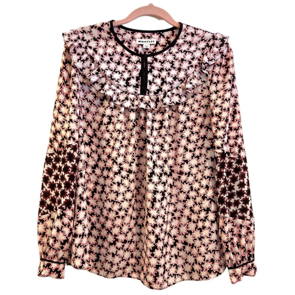 Whistles Black White Red Star Frilled Yoke Chiffon Blouse UK8 - Picture 1 of 7